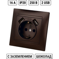 Розетка 2П+З 16А 250В + 2 USB порта 2,1А 5В TDM ELECTRIC шоколад, серия "Лама" SQ1815-0542