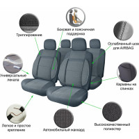 Чехлы для сидений Airline MONRO универсальные, 11 предметов, повышенный комфорт, жаккард, темно-серые ACS-UJ-02