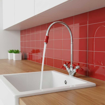 Смеситель для кухни FASHUN красный/хром - гайка, гиб. излив, силумин A43127-10