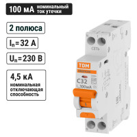 Автоматический выключатель дифференциального тока TDM ELECTRIC АВДТ 63М 2P(1P+N) C32 100мА 4,5кА тип АС SQ0202-0068
