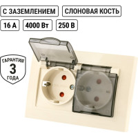 Двойная розетка TDM ELECTRIC 2П+З с защитными шторками и прозрачной крышкой 16А 250В IP44 слоновая кость Таймыр SQ1814-0177