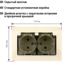 Двойная розетка TDM ELECTRIC 2П+З с защитными шторками и прозрачной крышкой 16А 250В IP44 слоновая кость Таймыр SQ1814-0177