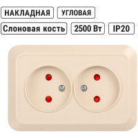 Двойная угловая розетка TDM ELECTRIC 2П открытой установки с защитными шторками IP20 250В 10А слолоная кость "Ладога" SQ1801-0242
