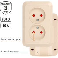Двойная угловая розетка TDM ELECTRIC 2П открытой установки с защитными шторками IP20 250В 10А слолоная кость "Ладога" SQ1801-0242