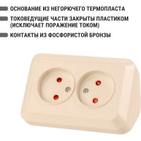 Двойная угловая розетка TDM ELECTRIC 2П открытой установки с защитными шторками IP20 250В 10А слолоная кость "Ладога" SQ1801-0242