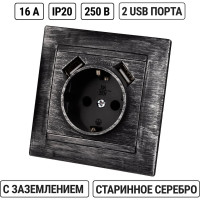 Розетка 2П+З 16А 250В + 2 USB порта 2,1А 5В TDM ELECTRIC старинное серебро, серия "Лама" SQ1815-0669