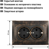 Розетка двойная 2П+З 16А 250В с защитыми шторками TDM ELECTRIC старинная бронза, серия "Лама" SQ1815-0754