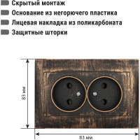 Розетка двойная 2П 10А 250В с защитыми шторками TDM ELECTRIC старинная бронза, серия "Лама" SQ1815-0753