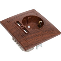 Розетка Intro Plano с заземлением 2P+E Schuko со шторками, 2хUSB 5В-2,1А, IP20, СУ, венге, Б0053948