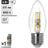 Лампа светодиодная E27 "Филамент" С37-6 Вт-230 В-4000 К TDM ELECTRIC SQ0340-0299