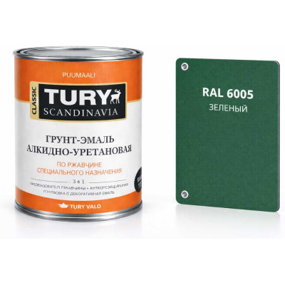 Грунт-эмаль TURY АУ по ржавчине 3 в 1, зеленая (RAL 6005), 2 кг T1-00007182
