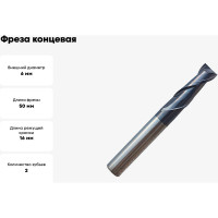 Фреза концевая твердосплавная универсальная до 45 НRC Серия 311 (6х16х50 мм; 2-х перая; AlTiN; хв-к 6 мм) Partner 311060