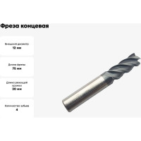 Фреза концевая твердосплавная по нержавеющей стали Серия 301 (12х30х75 мм; 4-х перая; AlTiN; 35гр; хв-к 12 мм) Partner 301120