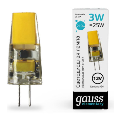 Gauss Лампа elementary g4 12v 3w 250lm 4100k силикон led 1/20/200 18723