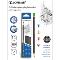 Чернографитный карандаш ACMELIAE 12 шт, HB шестигранный, корпус черный с цветным торцом 43510