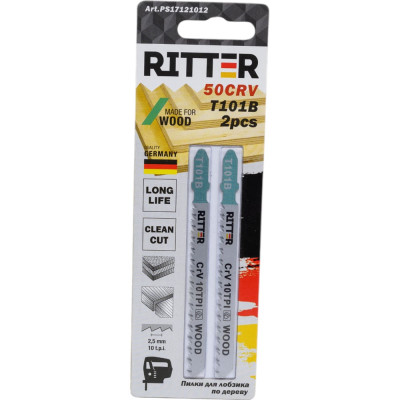 Пилки для лобзиков по дереву Eco Т101B CrV, 100х75 мм, шаг 2.5 мм, 10TPi, 2 шт RITTER PS17121012