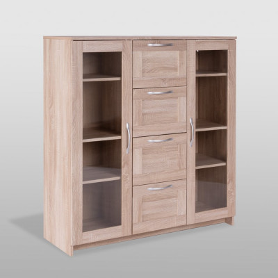 Тумба/комод Гуд ЛАКК СИРИУС 2 двери со стеклом и 4 ящика, 117x41x123 см, бежевая, дуб сонома 2.02.03.400.3