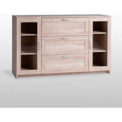 Тумба/комод Гуд ЛАКК СИРИУС 2 двери со стеклом и 3 ящика, 156x41x94 см, бежевая, дуб сонома 2.02.03.370.3