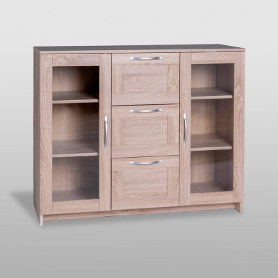 Тумба/комод Гуд ЛАКК СИРИУС 2 двери со стеклом и 3 ящика, 117x41x94 см, бежевая, дуб сонома 2.02.03.380.3