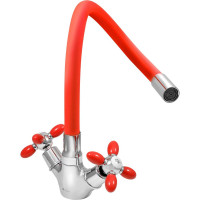 Смеситель для мойки Juguni двуручный, с гибким силиконовым изливом (красный), креп. гайка, 0402.142