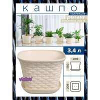 Кашпо Violet Ротанг 3.4 л, квадратное, с поддоном, 3 шт., слоновая кость N-Kahpo-3/-36341-26