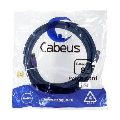 Cabeus Патч-корд S/FTP, категория 8 (40G, 2000 MHz), 2xRJ45/8p8c, экранированный, синий, LSZH, 3 м PC-SSTP-RJ45-Cat.8-3m-LSZH