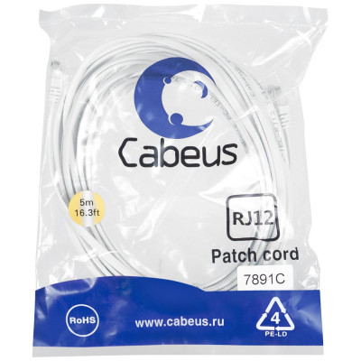 Cabeus Патч-корд телефонный 2x6р4с, белый, PVC, 5 м PC-TEL-RJ12-5m