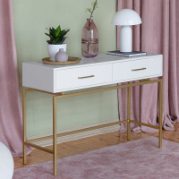 Консоль GreenWeen KARIN 1100x400x800, золотой каркас, верх МДФ, цвет SNOW WHITE, 2 ящика GW-KONS-KARIN-1100G-SW