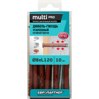 Усиленный нейлоновый дюбель-гвоздь ЕВРОПАРТНЕР multi pro uk, потайная манжета, 8x120 мм, 10 шт. B7 0009
