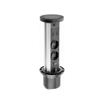 GTV Удлинитель врезной вертикальный camino, 2xschuko, 1xusb-a/5v, 1xtype-c/5v, беспроводная зарядка 10w, ночник, вилка провод 1,5м, черный AE-BPW2SCAM-20