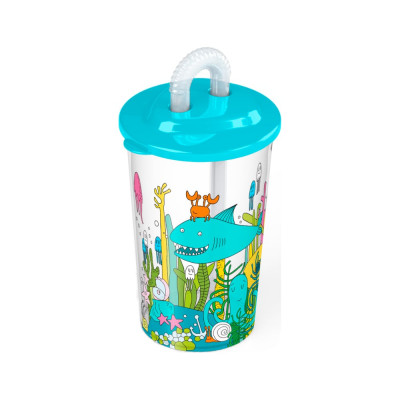 Стакан Пластишка с трубочкой и декором морской мир, 400 мл, голубой 431317402