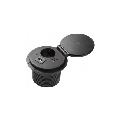 GTV Удлинитель врезной круглый charger plus, 1xschuko, 1xusb-a/5v, 1xtype-c/5v, беспроводная зарядка, сменные переходники, вилка провод 1,5м, черный AE-BPW1SACP-20