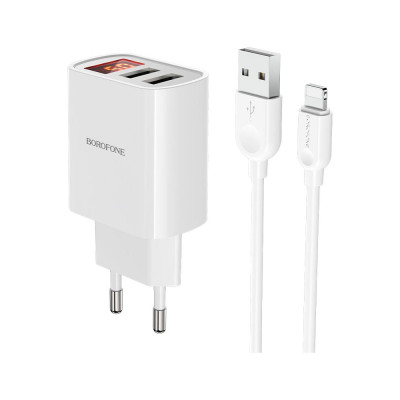 Borofone Сзу ba58a mighty 2xusb, 2.4а, led дисплей + кабель lightning 8-pin, 1м (белый) 0L-00051170 23752-BA58AWI