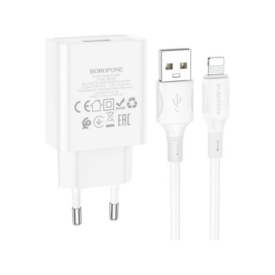 Borofone Сзу ba74a aspirer 1xusb, 2.1а + кабель lightning 8-pin, 1м (белый) 0L-00057161 23752-BA74AiW