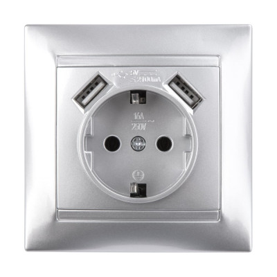 Розетка с USB 2 порта 2,1А 5В, с заземлением TDM ELECTRIC серебристый металлик, 2П 16А 250В серия "Лама" SQ1815-0242