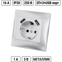 Розетка с USB 2 порта 2,1А 5В, с заземлением TDM ELECTRIC серебристый металлик, 2П 16А 250В серия "Лама" SQ1815-0242