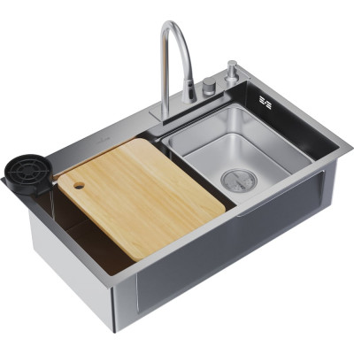 MIXLINE Мойка настол.монтаж 75x46 (3,0) вып 3 1/2 pro 21,5см с сиф.(сатин)+доз+смесит+кол+д/р+о/с 552103