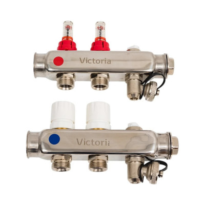 Коллекторная группа из нержавеющей стали Victoria с расх. 1"x3/4ek- 3вых. (кран маевского + сливной кран) 60-103