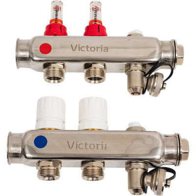 Коллекторная группа из нержавеющей стали Victoria с расх. 1"x3/4ek- 2вых. (кран маевского + сливной кран) 60-102