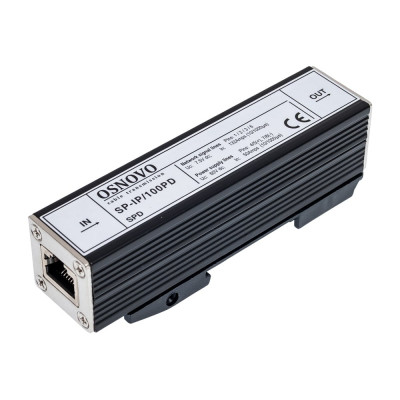 Устройство грозозащиты OSNOVO SP-IP/100PD для локальной вычислительной сети (скорость до 100Мбит/с) с защитой линий PoE (af/at, метод B, контакты 4/5, 7/8), двухуровневая защита. sct1008