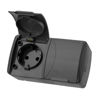 Розетка двойная с крышкой накладная с заземлением TDM ELECTRIC серая 2П+3 IP54 16А серия "Селигер" SQ1818-0114