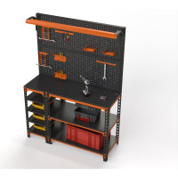 Верстак ООО Металекс Metalex серия SUN 950x1400x400, с боковыми полками, 2-мя панелями и комплектом освещения, оранжево-черный 111416