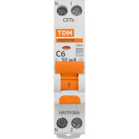 Автоматический выключатель дифференциального тока TDM ELECTRIC АВДТ 63М, 2P 1P+N, C, 6, 30 мА, 4,5кА, тип АС SQ0202-0058