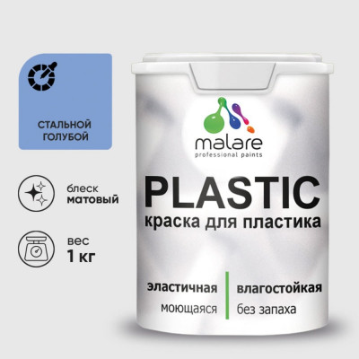 Акриловая краска MALARE для пластика Plastic для ПВХ, для подоконников и откосов, без запаха, матовая, стальной голубой 1 кг КПЛСТАСТГМ0100