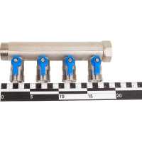 Коллектор HENCO 1" с синими шаровыми кранами, 3/4"НР евроконус, 1"-4xEK14,16,18,20 VB060504-BLAUW