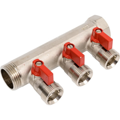Коллектор HENCO 1" с красными шаровыми кранами, 3/4"НР евроконус, 1"-3xEK14,16,18,20 VB060503-ROOD