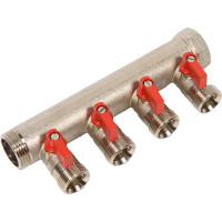 Коллектор HENCO 1" с красными шаровыми кранами, 3/4"НР евроконус, 1"-4xEK14,16,18,20 VB060504-ROOD