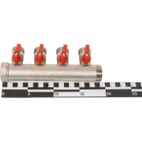 Коллектор HENCO 1" с красными шаровыми кранами, 3/4"НР евроконус, 1"-4xEK14,16,18,20 VB060504-ROOD