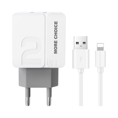 More Choice Сетевое зарядное устройство 2USB 2.4A для Lightning 8-pin 1м NC46i White Grey