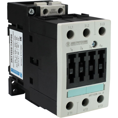 Контактор электромагнитный Электротехник 3RT1035-1AP00, 3-полюса, 40A, AC-3, 18,5кВт/400V, 230V AC, 50/60Гц, типоразмер S2, винтовые клеммы, IP20, ET014682